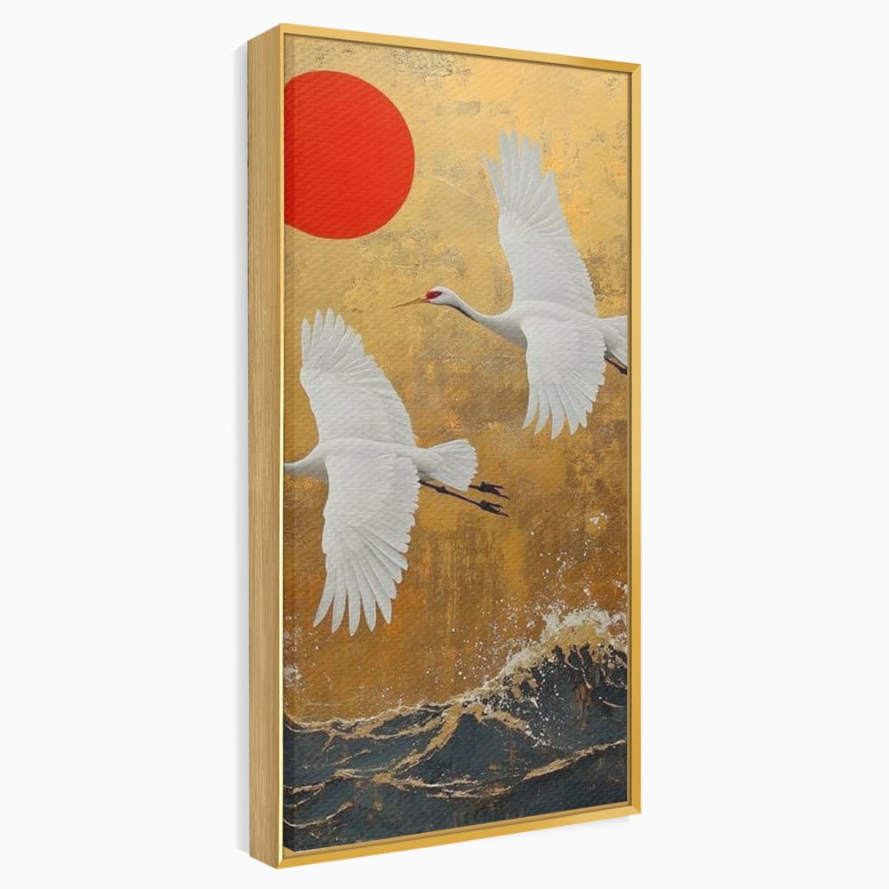 Tablou canvas cu tablou canvas cu doi cocori, in rama de aluminiu auriu